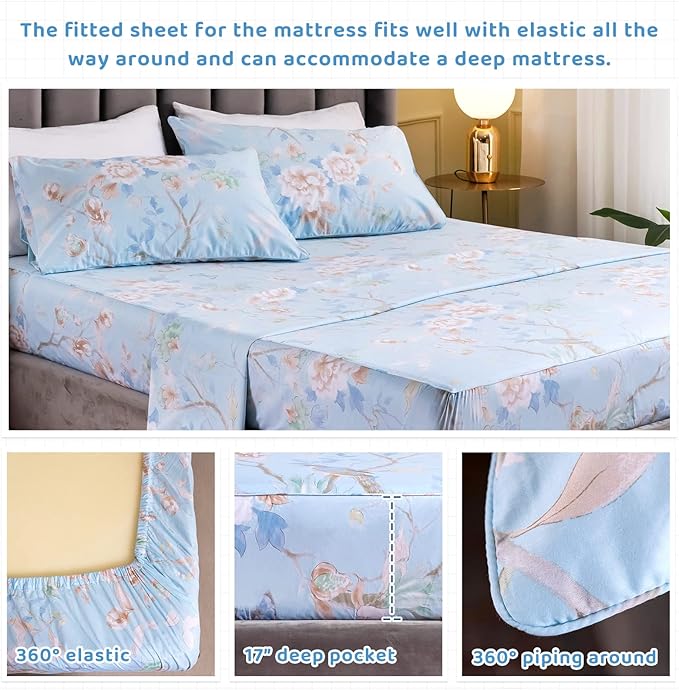 QSH 100% Egyptian Cotton Cal King Sheets, Blue Bird Plant Pattern Botanical Luxury Cotton Printed Flower California King Bedding Sheets, 4pcs Deep Pocket California King Floral Bed Sheet Set - LeafyLoom