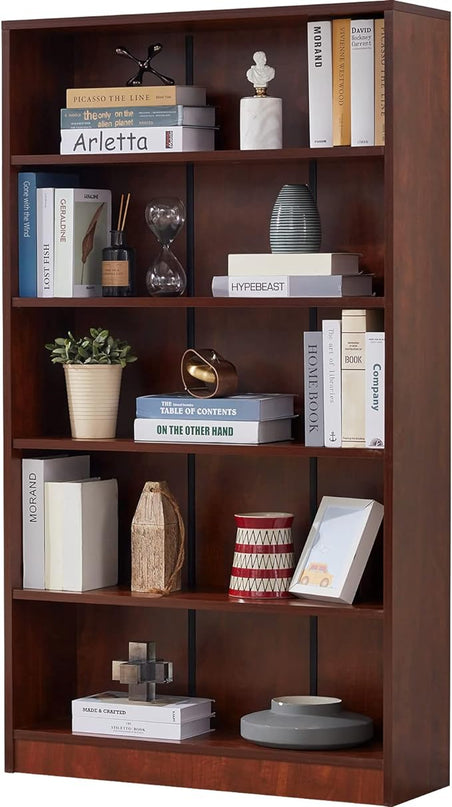 Farini Cherry Bookshelf 5 Shelf Office Bookcase 60 Inches Tall Modern Wood Bookshelf for Living Room Office - LeafyLoom