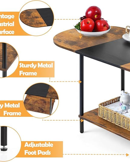 Coffee Tables for Living Room,2-Tier Small Coffee Table Farmhouse Oval Center Table with Storage Shelf and Wood Tabletop,for Small Space,Home Office,Black & Brown - LeafyLoom