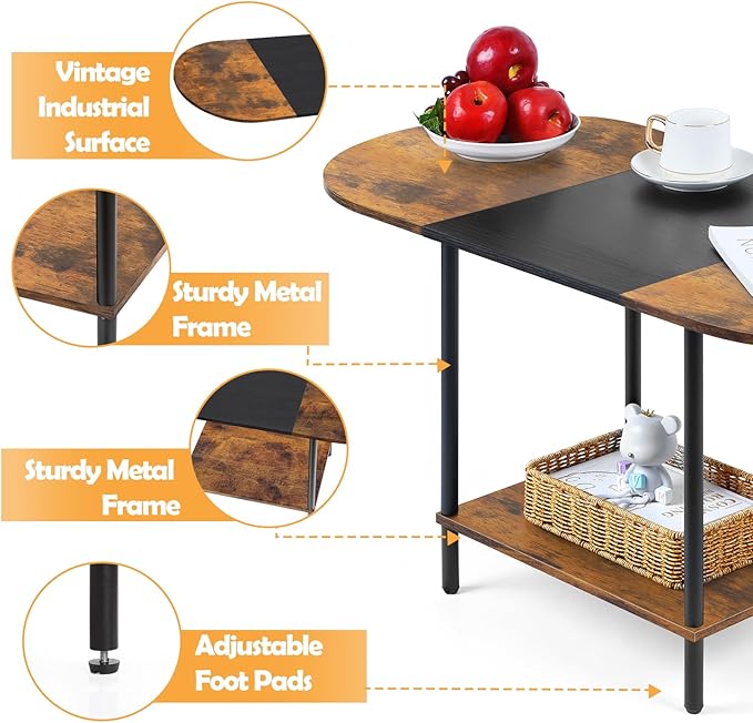 Coffee Tables for Living Room,2-Tier Small Coffee Table Farmhouse Oval Center Table with Storage Shelf and Wood Tabletop,for Small Space,Home Office,Black & Brown - LeafyLoom