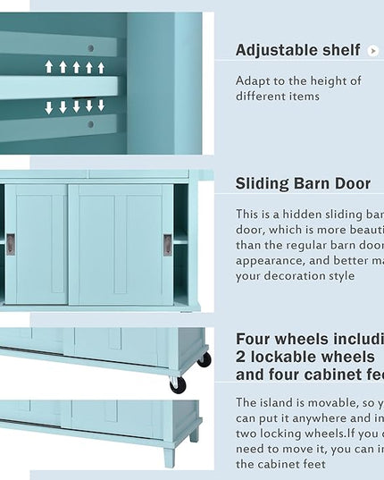Kitchen Island with Storage, Rolling Table on Wheels w/Storage Cabinet and 2 Drawers for Dinning Room, Rubber Wood Contertop - LeafyLoom
