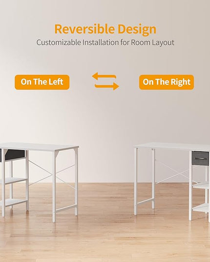 CubiCubi Computer Desk, 35 Inch Small Home Office Desk with Drawer Storage Shelves for Small Space, Writing Study Desk, White - LeafyLoom
