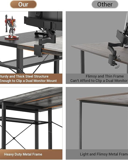 armocity Computer Desk with LED Lights, 48 Inch Reversible Large Desk with Power Outlet and USB, 48'' Gaming PC Table with Moveable Monitor Stand for Home Office, Workstation, Grey and Black - LeafyLoom