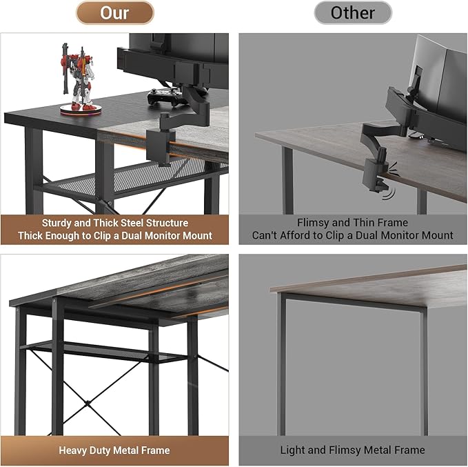 armocity Computer Desk with LED Lights, 55 Inch Desk with Power Outlet and USB, Reversible Large Desk with Moveable Monitor Stand, 55.2'' Gaming PC Table for Home Office, Workstation, Grey and Black - LeafyLoom