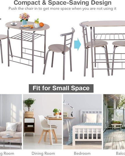 DORTALA 3PCS Dining Table Set, 1 table & 2 chairs set, 3 Piece Compact Dining Set, Oval Table & Mid-back Chairs w/Built-in Wine Rack, Suitable for Small Space, Silver & Natural - LeafyLoom