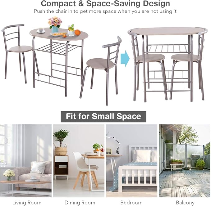 DORTALA 3PCS Dining Table Set, 1 table & 2 chairs set, 3 Piece Compact Dining Set, Oval Table & Mid-back Chairs w/Built-in Wine Rack, Suitable for Small Space, Silver & Natural - LeafyLoom