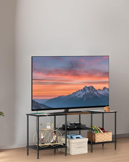 OYEAL Black Bedroom TV Stand with Storage Cabinet up to 50 inch TV, Small TV Console Table with Power Outlets 45 inch Media Entertainment Center for Living Room Bedroom - LeafyLoom