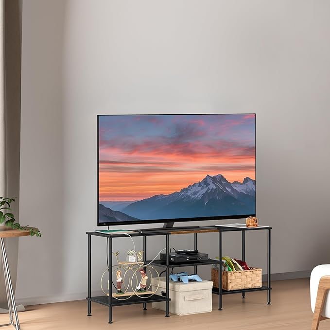 OYEAL Black Bedroom TV Stand with Storage Cabinet up to 50 inch TV, Small TV Console Table with Power Outlets 45 inch Media Entertainment Center for Living Room Bedroom - LeafyLoom