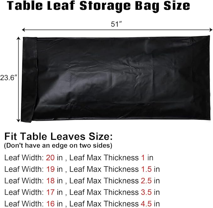 Table Leaf Storage Bag Padded 2 Pack, Heavy Duty Dining Table Leaf Bag, Extra Thick Flannel Backing Dining Table Cover Protector, 51" Lx24''W, Water-Resistant Scratch Resistant, Black - LeafyLoom