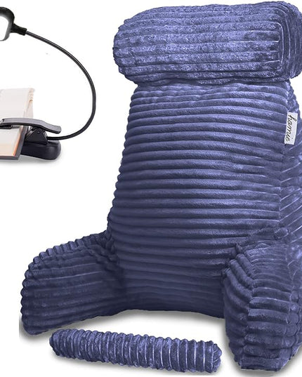 Homie Reading Pillow with Reading Light and Wrist Support, Has Arm Rests, and Back Support for Bed Rest, Lounging, Reading, Working on Laptop, Watching TV (Large, Blue) - LeafyLoom
