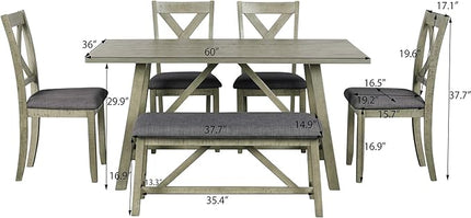 Rustic Style Spacious 4 Chair and Multifunctional Bench, Long-Lasting Solid Rubber Wood Room, Kitchen, 6 Piece Dining Table Set, Gray 8 - LeafyLoom