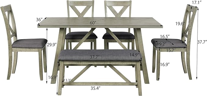 Rustic Style Spacious 4 Chair and Multifunctional Bench, Long-Lasting Solid Rubber Wood Room, Kitchen, 6 Piece Dining Table Set, Gray 8 - LeafyLoom