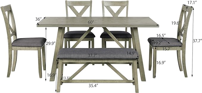6-Piece Rustic Style Wood Dining Table Set with Bench and 4 X-Back Cushion Chairs for Kitchen Dinette Room, Gray, 1 - LeafyLoom