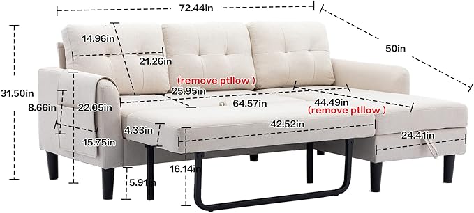 72.44" L-Shaped Reversible Sectional Sofa w/Pull Out Bed & Storage Chaise Lounge,Interior Furniture Comfy Sleeper Corner Couch with 3 Throw Pillows and Pockets,for Dorm,Apartment, Beige-1 - LeafyLoom