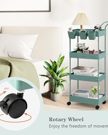 danpinera Slim Storage Cart on Wheels, 4 Tier Narrow Laundry Cart with Hooks Hanging Cups Dividers Mobile Rolling Lash Cart with Handle for Bathroom Small Spaces, Green - LeafyLoom