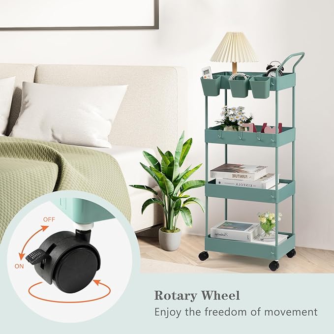 danpinera Slim Storage Cart on Wheels, 4 Tier Narrow Laundry Cart with Hooks Hanging Cups Dividers Mobile Rolling Lash Cart with Handle for Bathroom Small Spaces, Green - LeafyLoom