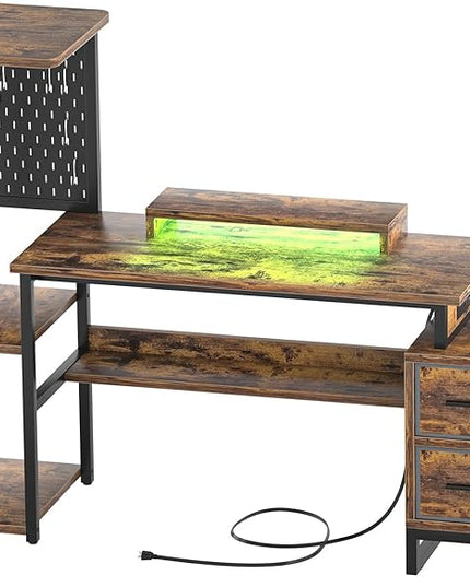 Computer Desk with 2 Fabric Drawers - Reversible Home Office Desk with Power Outlet & LED Lights, 53" Writing Desk with Monitor Stand & Storage Shelves, Gaming Desk with Pegboard, Rustic Brown - LeafyLoom
