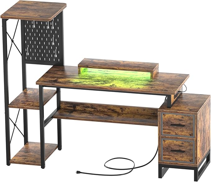 Computer Desk with 2 Fabric Drawers - Reversible Home Office Desk with Power Outlet & LED Lights, 53" Writing Desk with Monitor Stand & Storage Shelves, Gaming Desk with Pegboard, Rustic Brown - LeafyLoom