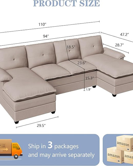 Shintenchi 110" Modular Sectional Couches for Living Room, U-Shaped Sofa Couch with Double Chaise, 4 Seat Sofa Sets with Thick Cushion & Soft Backrest, Beige - LeafyLoom