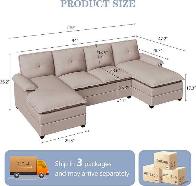 Shintenchi 110" Modular Sectional Couches for Living Room, U-Shaped Sofa Couch with Double Chaise, 4 Seat Sofa Sets with Thick Cushion & Soft Backrest, Beige - LeafyLoom