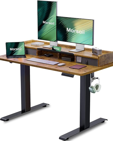 Marsail Electric Standing Desk with Dual Drawers, 48 x 24 Inches Height Adjustable Desk with Storage Shelf, Sit Stand Desk with 4 Memory Preset, 2 Hooks, Stand Up Desk for Home Office, Vintage - LeafyLoom