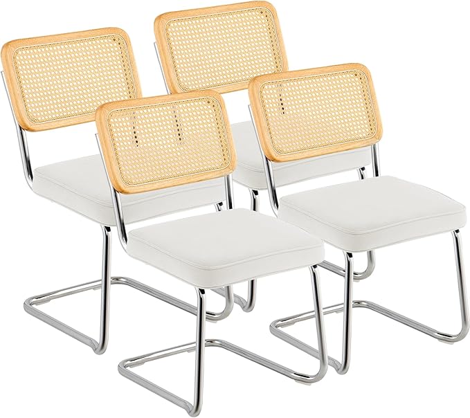 VEVOR Rattan Dining Chairs Set of 4, Mid Century Modern Dining Chair, Upholstered Velvet Accent Chair with Rattan Back, Retro Dining Room Kitchen Chair for Living Room, Bedroom, Office (18.1 Inch) - LeafyLoom