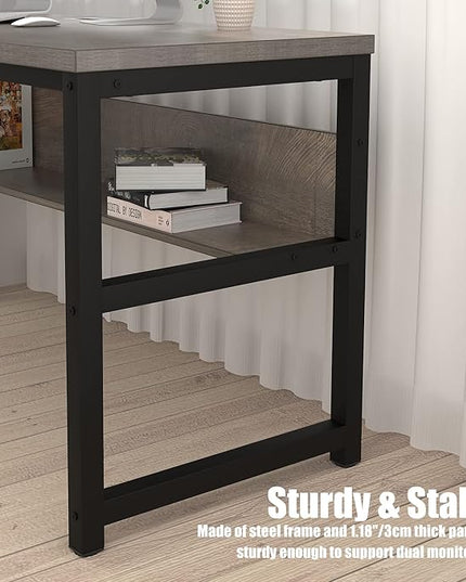 TOPSKY Computer Desk with Bookshelf/Metal Hole Cable Cover 1.18" Thick Desk (55", Espresso Gray) - LeafyLoom