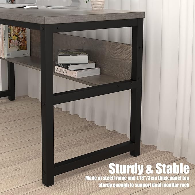 TOPSKY Computer Desk with Bookshelf/Metal Hole Cable Cover 1.18" Thick Desk (55", Espresso Gray) - LeafyLoom