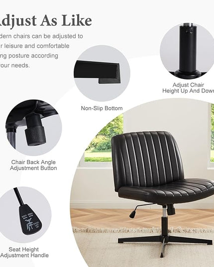 Sweetcrispy Criss Cross Chair Legged, Armless Office Desk Chair No Wheels, Swivel Vanity Chair, Height Adjustable Wide Seat Computer Task Chair, PU Leather Vanity Modern Home Chair Black - LeafyLoom
