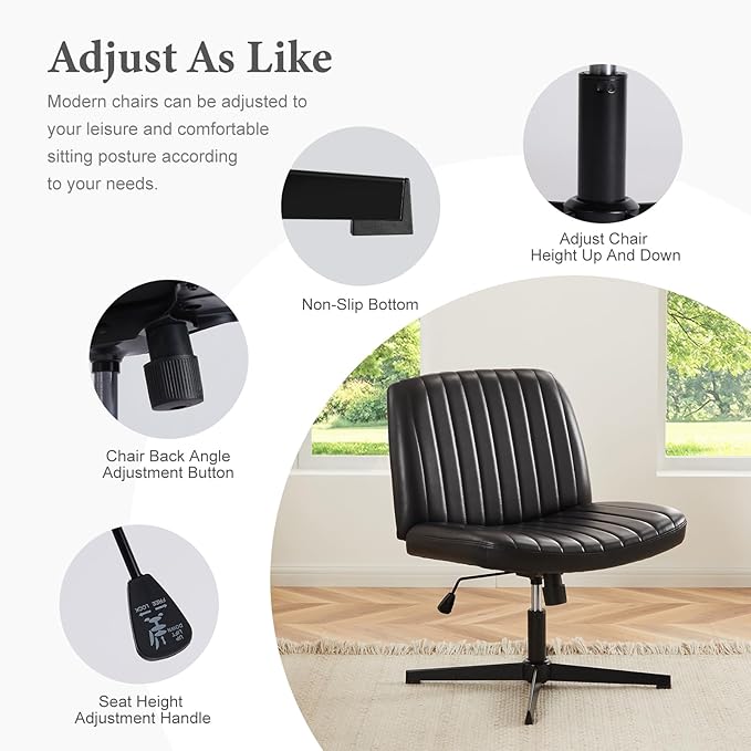 Sweetcrispy Criss Cross Chair Legged, Armless Office Desk Chair No Wheels, Swivel Vanity Chair, Height Adjustable Wide Seat Computer Task Chair, PU Leather Vanity Modern Home Chair Black - LeafyLoom