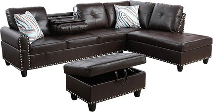 ROOMTEC Modern L Shaped Sectional Sofa with Storage Ottoman, Right Facing Chaise Longue, Reversible Backrest w/ 2 Cup Holders, Faux Leather Tufted Cushions, for Living Room, Apartment, Brown - LeafyLoom