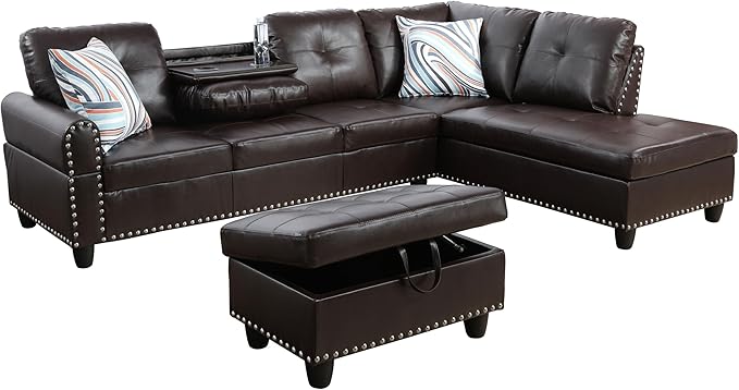 ROOMTEC Modern L Shaped Sectional Sofa with Storage Ottoman, Right Facing Chaise Longue, Reversible Backrest w/ 2 Cup Holders, Faux Leather Tufted Cushions, for Living Room, Apartment, Brown - LeafyLoom