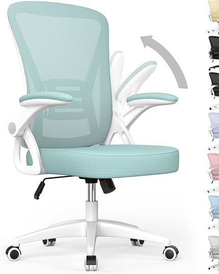 naspaluro Ergonomic Office Chair, Mid Back Desk Chair with Adjustable Height, Swivel Chair with Flip-Up Arms and Lumbar Support, Breathable Mesh Computer Chair for Home/Study/Working, Green - LeafyLoom