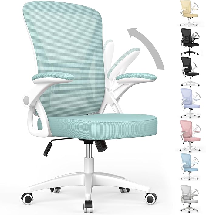 naspaluro Ergonomic Office Chair, Mid Back Desk Chair with Adjustable Height, Swivel Chair with Flip-Up Arms and Lumbar Support, Breathable Mesh Computer Chair for Home/Study/Working, Green - LeafyLoom