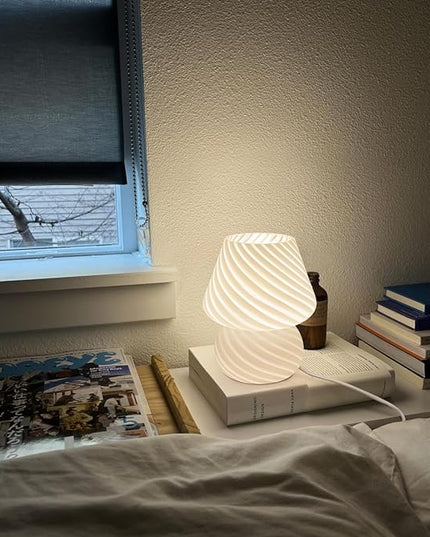 Mushroom Lamps Set of 2 - Small Bedside Table Lamp with Striped Glass, Nightstand Lamp for Bedroom, Living Room, Bulb Included(White) - LeafyLoom