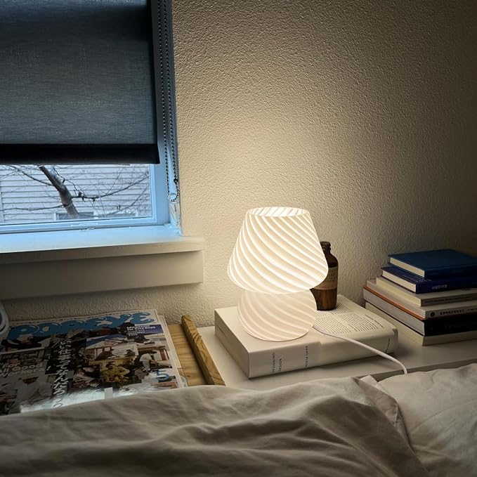 Mushroom Lamps Set of 2 - Small Bedside Table Lamp with Striped Glass, Nightstand Lamp for Bedroom, Living Room, Bulb Included(White) - LeafyLoom