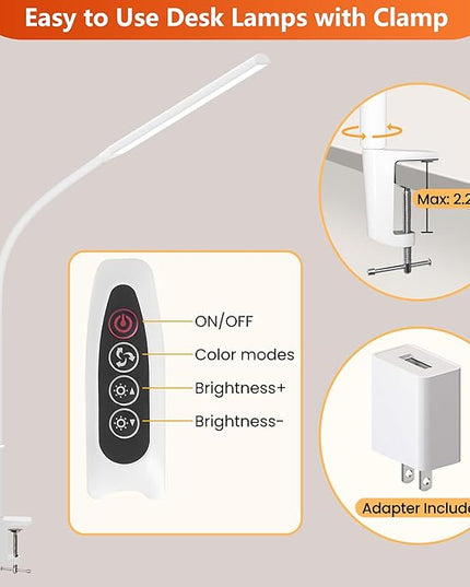 Desk Lamp with Clamp, Stepless Dimming Desk Lamps for Home Office Adjustable Desk Light Eye Caring Desk Lamp Office Lamp with USB Adapter for Working Drawing Sewing (White) - LeafyLoom