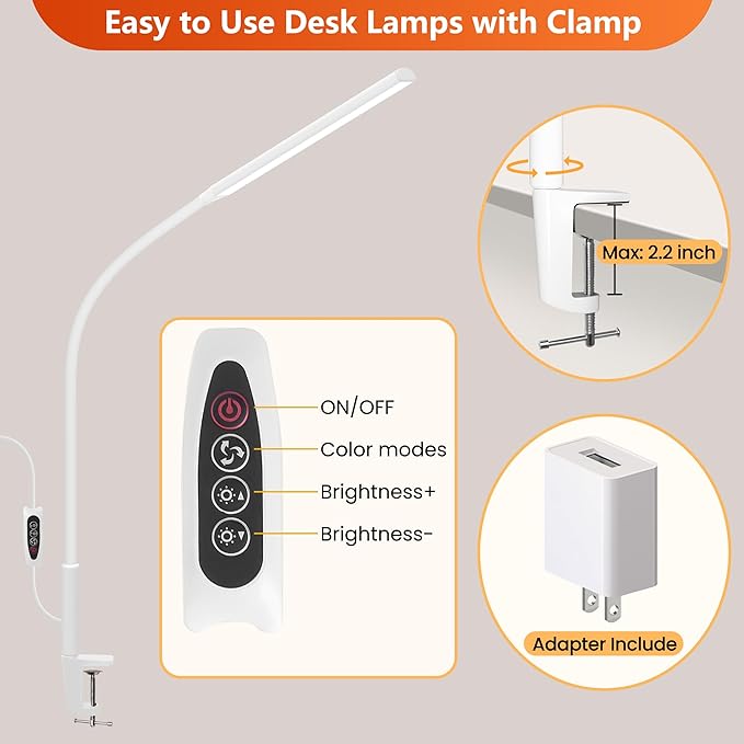 Desk Lamp with Clamp, Stepless Dimming Desk Lamps for Home Office Adjustable Desk Light Eye Caring Desk Lamp Office Lamp with USB Adapter for Working Drawing Sewing (White) - LeafyLoom