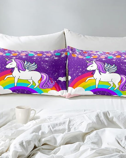 Unicorn Girls Full Size Bedding Sets Cartoon Unicorn Comforter Kids Bedding Set Cute Rainbow Unicorn Print Full Size Bedding Unicorn Kawaii Comforter Set, Purple, 1 Comforter+2 Pillowcases - LeafyLoom