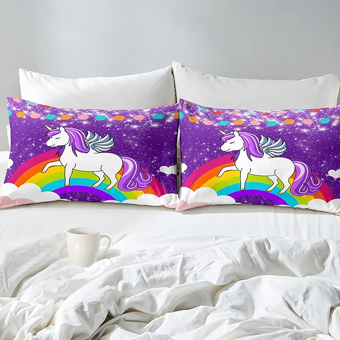 Girls Unicorn Comforter Sets Queen Comforter Set for Girls Unicorn Bedding Sets Queen Cartoon Unicorn Print Comforter Sets Girls Bedding Room Decor, Purple, 1 Comforter+2 Pillowcases - LeafyLoom