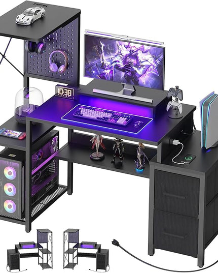 Small Gaming Desk with 2 Fabric Drawers - Reversible Computer Desk with Power Outlet & LED Lights, 49" Office Desk with Monitor Stand & Storage Shelves, Writing Study Table with Pegboard, Black - LeafyLoom