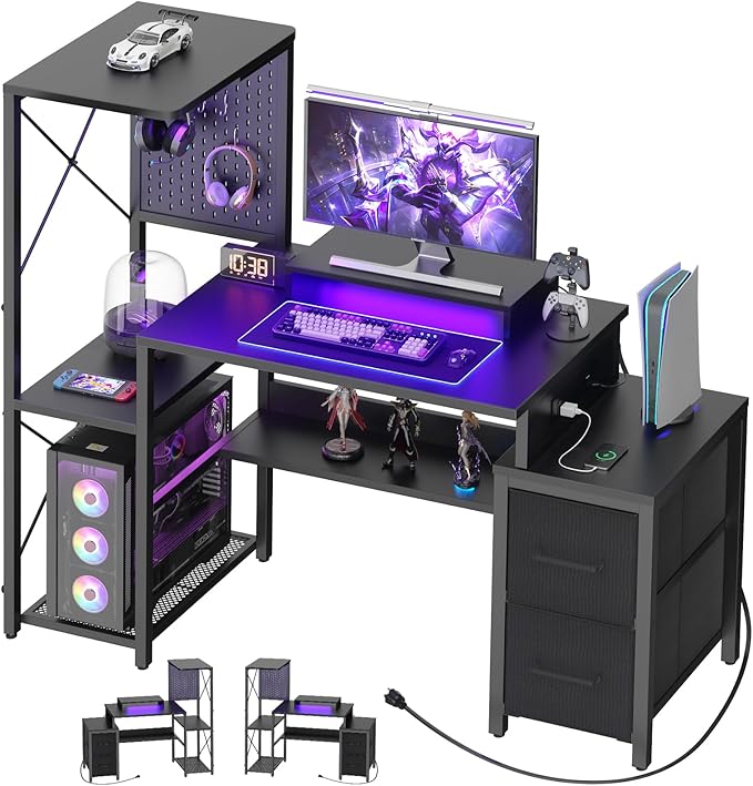 Small Gaming Desk with 2 Fabric Drawers - Reversible Computer Desk with Power Outlet & LED Lights, 49" Office Desk with Monitor Stand & Storage Shelves, Writing Study Table with Pegboard, Black - LeafyLoom