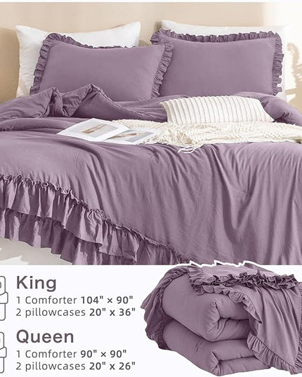 Ruffle Comforter Queen Size,Farmhouse Shabby Boho Chic Queen Bedding Comforter Set,3pcs Ultra Soft Fluffy Grayish Purple Comforter Sets for Queen Bed with 2 Ruffled Pillowcases - LeafyLoom