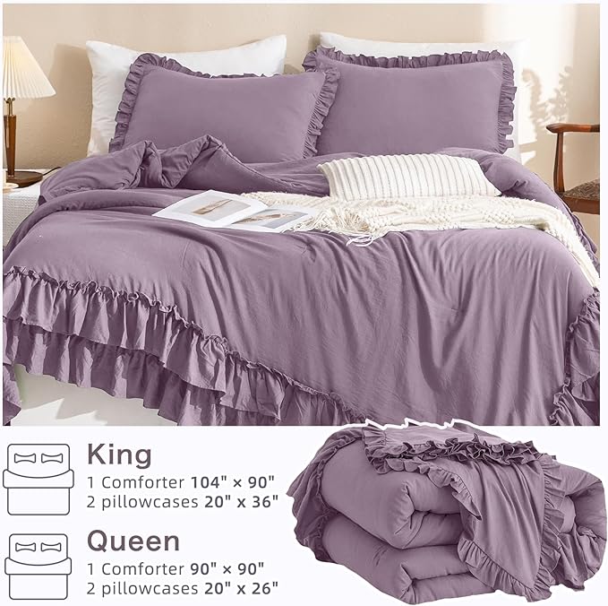 Ruffle Comforter Queen Size,Farmhouse Shabby Boho Chic Queen Bedding Comforter Set,3pcs Ultra Soft Fluffy Grayish Purple Comforter Sets for Queen Bed with 2 Ruffled Pillowcases - LeafyLoom