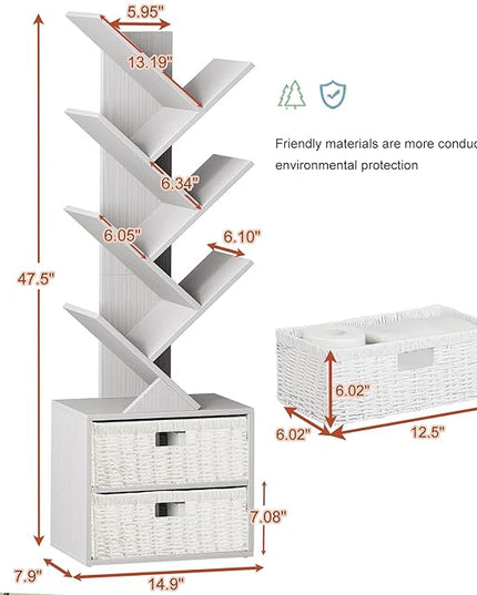 Vagusicc 6 Tier Tree Bookshelf, Modern Floor Standing Bookcase with Storage Drawer, Space Saving Storage Organizer Book Shelves for Books, Tall Wood Storage Rack for Bedroom/Living Room/Home Office - LeafyLoom