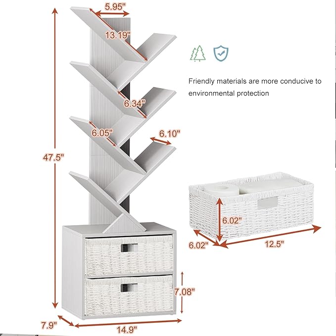 Vagusicc 6 Tier Tree Bookshelf, Modern Floor Standing Bookcase with Storage Drawer, Space Saving Storage Organizer Book Shelves for Books, Tall Wood Storage Rack for Bedroom/Living Room/Home Office - LeafyLoom