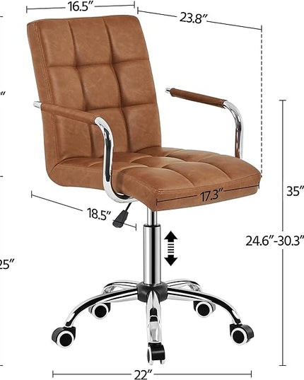 Yaheetech PU Leather Office Desk Chair Mid Back Height Adjustable Chair Comfortable Computer Swivel Chair w/Armrests, Retro Brown - LeafyLoom