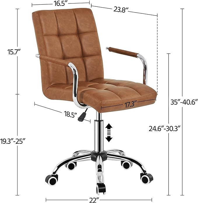 Yaheetech PU Leather Office Desk Chair Mid Back Height Adjustable Chair Comfortable Computer Swivel Chair w/Armrests, Retro Brown - LeafyLoom