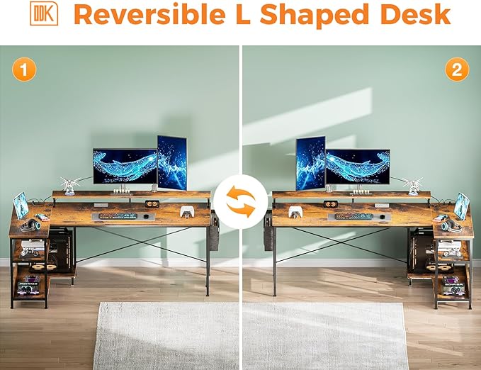 ODK 66 Inch Gaming Desk with USB Charging Ports and LED Lights, Reversible L Shaped Computer Desk with Storage Shelves & Monitor Stand, Home Office Desk Table with Power Outlets, Vintage - LeafyLoom