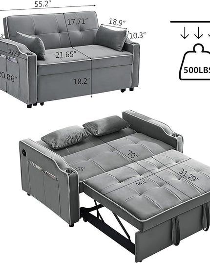 3 in 1 Loveseat Sofa Bed, Pull Out Couch Sleeper with Storage, Full Size Velvet Convertible Chair with 2 Pockets & 2 Pillows for Living Room, Grey - LeafyLoom
